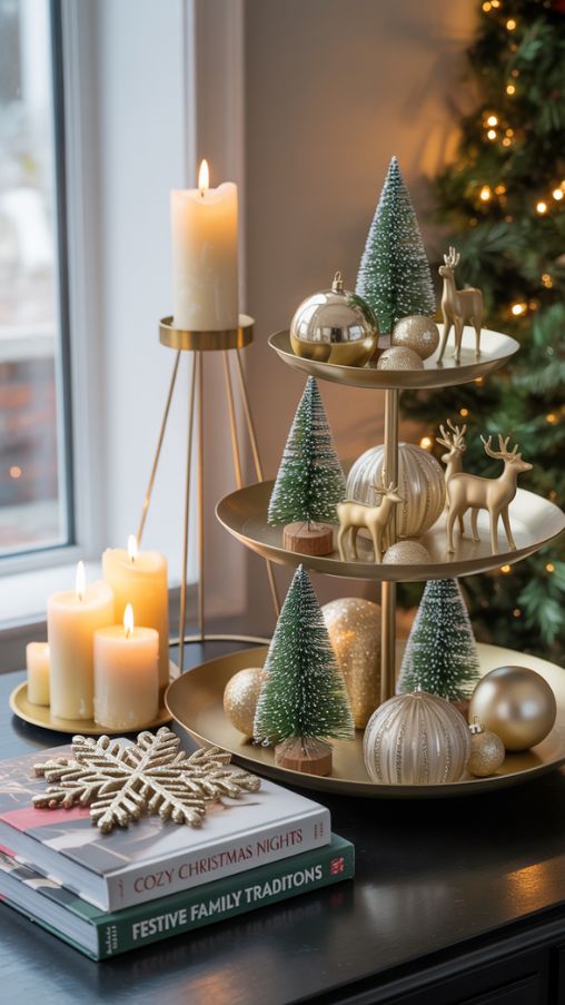 Entry table Christmas decor with tiered trays, candles, books, and layered ornaments