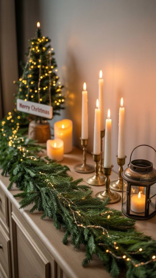 Entry table decorated with candles, fairy lights, and a glowing Christmas lantern