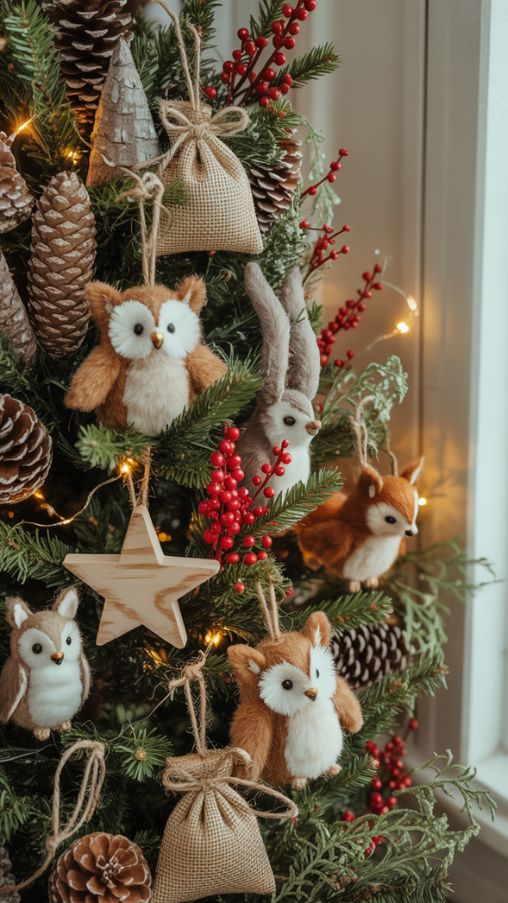 Close-up view of a Christmas tree decorated with essential Woodland ornaments, featuring pinecones, red berries, sprigs of greenery, and small woodland animal figurines like owls, squirrels, and deer. Handmade DIY ornaments such as burlap-wrapped cardboard stars and tiny hessian pouches filled with dried herbs are interspersed throughout the tree. Soft golden fairy lights illuminate the decorations, casting a warm glow and highlighting textures like felt, wood, and natural greenery. The scene captures a cozy, whimsical, and family-friendly holiday atmosphere, with personal touches that evoke warmth, nostalgia, and the charm of a forest-inspired Christmas.Keywords/Focus:
Woodland Christmas ornaments, rustic Christmas tree decorations, DIY holiday ornaments