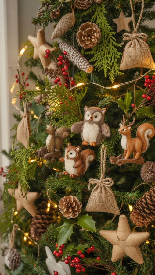 Close-up view of a Christmas tree decorated with essential Woodland ornaments, featuring pinecones, red berries, sprigs of greenery, and small woodland animal figurines like owls, squirrels, and deer. Handmade DIY ornaments such as burlap-wrapped cardboard stars and tiny hessian pouches filled with dried herbs are interspersed throughout the tree. Soft golden fairy lights illuminate the decorations, casting a warm glow and highlighting textures like felt, wood, and natural greenery. The scene captures a cozy, whimsical, and family-friendly holiday atmosphere, with personal touches that evoke warmth, nostalgia, and the charm of a forest-inspired Christmas.Keywords/Focus:
Woodland Christmas ornaments, rustic Christmas tree decorations, DIY holiday ornaments