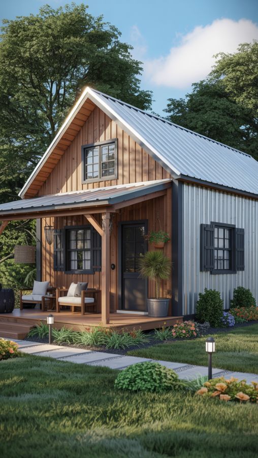 Exterior of a small Barndominium with wooden façade, metal roof, wraparound porch, landscaping, and decorative accents for modern rustic charm.