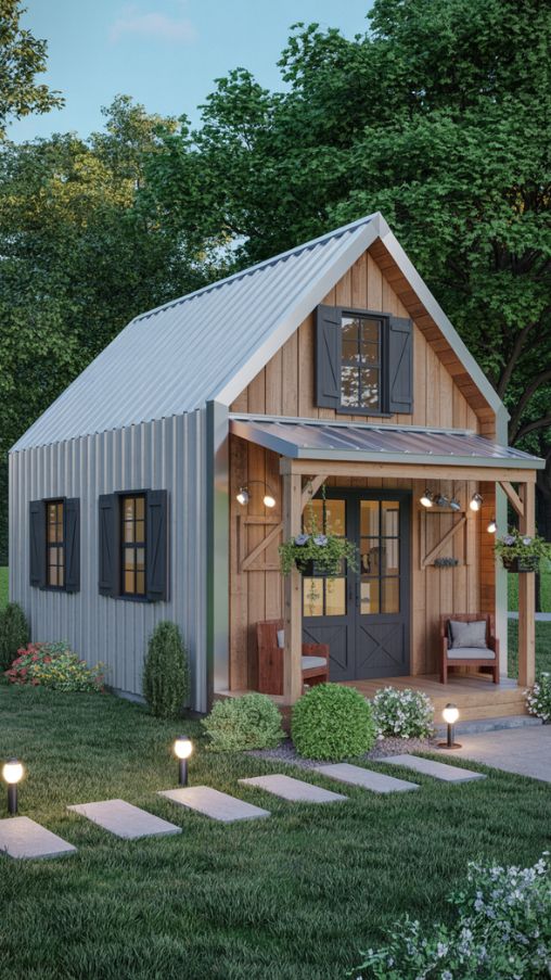 Exterior of a small Barndominium with wooden façade, metal roof, wraparound porch, landscaping, and decorative accents for modern rustic charm.