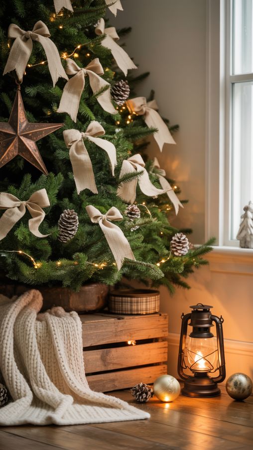 Farmhouse Christmas Tree with Rustic Topper and Base