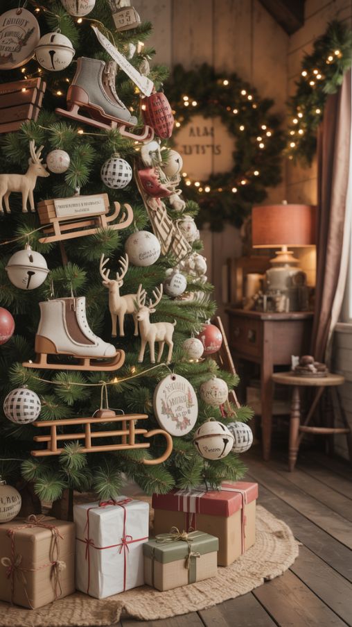 Farmhouse Christmas Tree with Vintage and Antique Decorations
