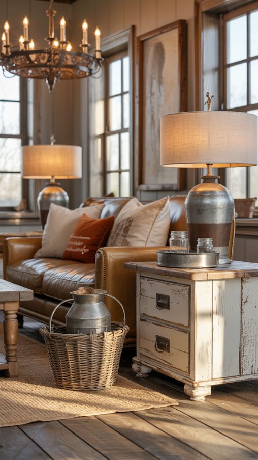 Farmhouse Interior with Wrought Iron and Brass Accents