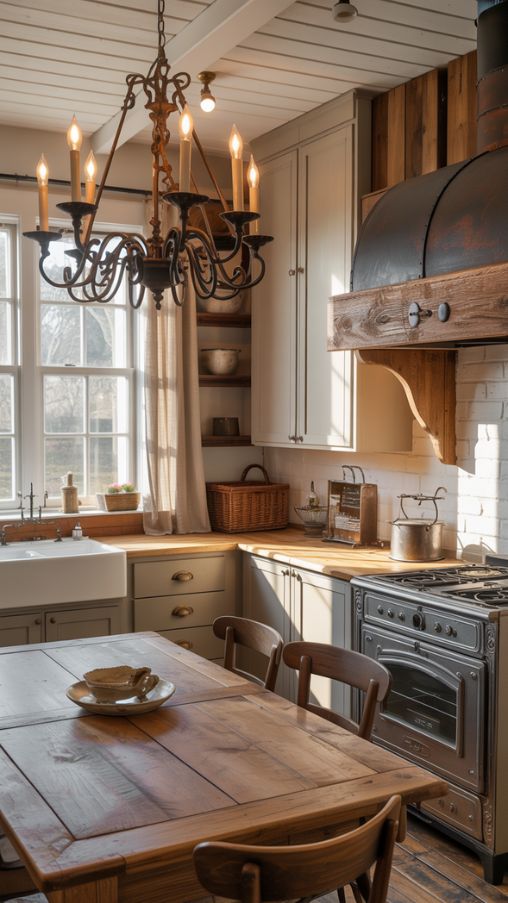 Farmhouse Interior with Wrought Iron and Brass Accents