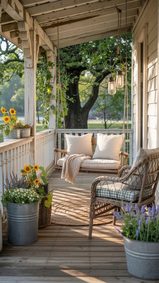 Farmhouse Porch Decor, Country Farmhouse Outdoor Spaces, Rustic Farmhouse Patio Ideas