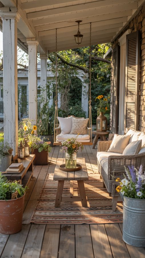 Farmhouse Porch Decor, Country Farmhouse Outdoor Spaces, Rustic Farmhouse Patio Ideas