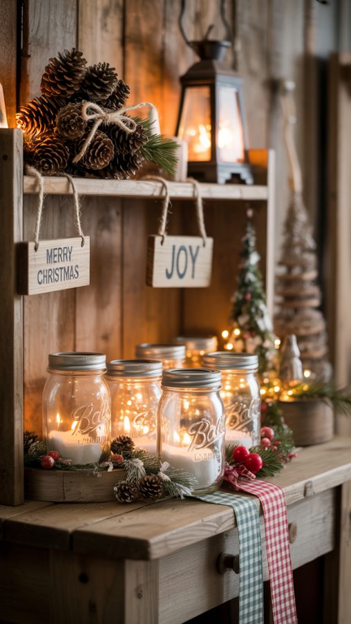 Farmhouse and Rustic Christmas Shelf Styling Ideas