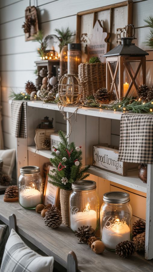Farmhouse and Rustic Christmas Shelf Styling Ideas