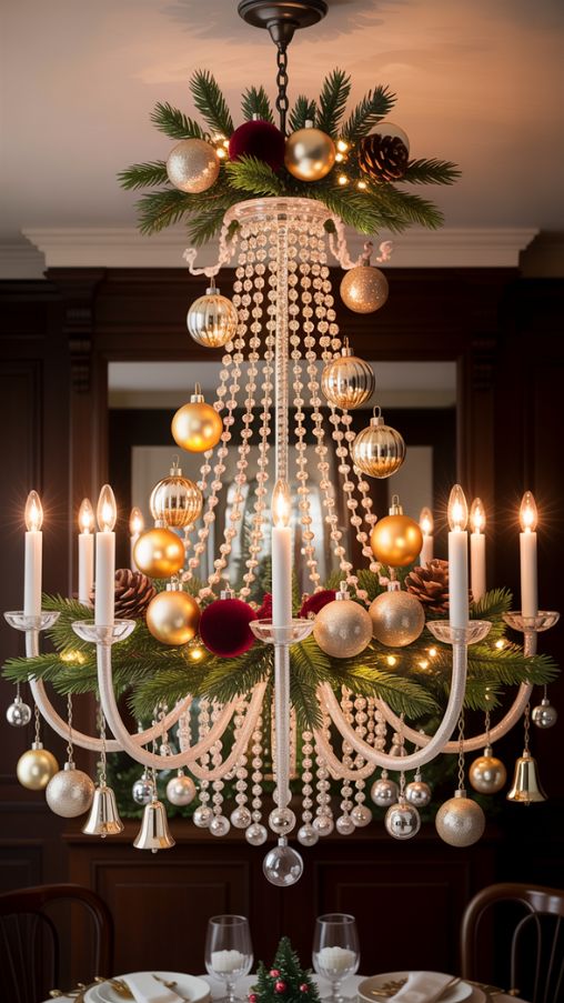 Festive Christmas Chandelier with Hanging Ornaments and Decorative Accents