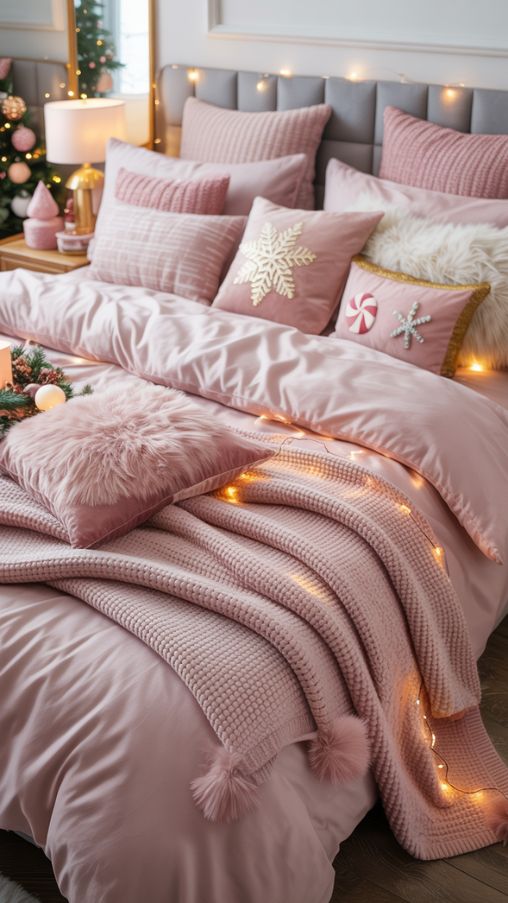 Festive Pink Bedding and Soft Furnishings for a Cozy Christmas Bedroom