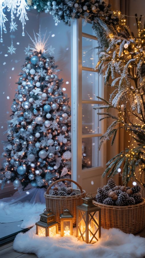 Frozen-Inspired Indoor Tree and Cozy Outdoor Snowy Christmas Display