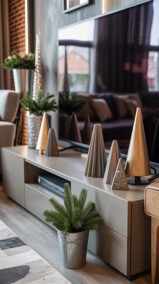 Geometric, Modern, and Industrial Chic TV Stand Christmas Decor Ideas
