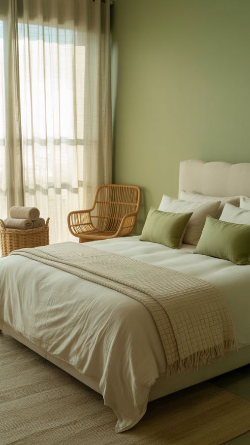 A bright and airy sage green bedroom styled with soft, muted tones. The walls are painted in a calming sage shade, paired with crisp white linens on the bed. Light wood furniture adds warmth, while natural textures like a rattan chair, woven basket, and linen curtains create a cozy, organic atmosphere. Decorative accents such as sage-green cushions, a neutral lampshade, and small plants unify the space. Soft natural light filters through sheer drapes, enhancing the serene, spacious feel of the room. The overall look is modern, tranquil, and inviting. Alt Tag Sage green bedroom ideas with white bedding, light wood furniture, rattan accents, and cozy natural textures Image Title Sage Green Bedroom Ideas – Bright, Airy, and Relaxing Decor Inspiration