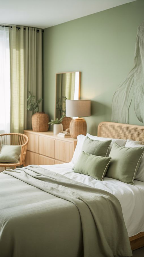 A bright and airy sage green bedroom styled with soft, muted tones. The walls are painted in a calming sage shade, paired with crisp white linens on the bed. Light wood furniture adds warmth, while natural textures like a rattan chair, woven basket, and linen curtains create a cozy, organic atmosphere. Decorative accents such as sage-green cushions, a neutral lampshade, and small plants unify the space. Soft natural light filters through sheer drapes, enhancing the serene, spacious feel of the room. The overall look is modern, tranquil, and inviting. Alt Tag Sage green bedroom ideas with white bedding, light wood furniture, rattan accents, and cozy natural textures Image Title Sage Green Bedroom Ideas – Bright, Airy, and Relaxing Decor Inspiration