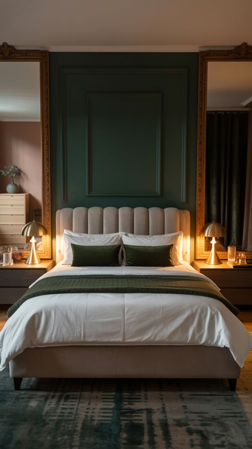 A luxurious dark green bedroom with a dramatic forest-green accent wall behind a plush upholstered bed. The bedding is layered with crisp white linens and deep green throws, creating contrast and elegance. Brass lamps on sleek nightstands add a boutique hotel vibe, while large mirrors reflect natural light to brighten the room. Light wood furniture and neutral textiles balance the richness of the dark tones, making the space feel open and inviting. The overall atmosphere is cozy, sophisticated, and modern, with a perfect blend of luxury and comfort. Alt Tag Dark green bedroom ideas with forest green accent wall, brass lamps, light wood furniture, and cozy modern decor Image Title Dark Green Bedroom Ideas – Luxurious, Dramatic, and Modern Decor Inspiration