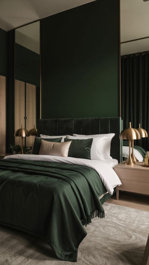 A luxurious dark green bedroom with a dramatic forest-green accent wall behind a plush upholstered bed. The bedding is layered with crisp white linens and deep green throws, creating contrast and elegance. Brass lamps on sleek nightstands add a boutique hotel vibe, while large mirrors reflect natural light to brighten the room. Light wood furniture and neutral textiles balance the richness of the dark tones, making the space feel open and inviting. The overall atmosphere is cozy, sophisticated, and modern, with a perfect blend of luxury and comfort. Alt Tag Dark green bedroom ideas with forest green accent wall, brass lamps, light wood furniture, and cozy modern decor Image Title Dark Green Bedroom Ideas – Luxurious, Dramatic, and Modern Decor Inspiration