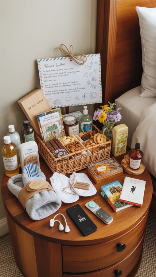 Guest Room Welcome Basket with Snacks, Drinks, Comfort Items, Toiletries, Local Touches, Reading Material, Tech Accessories, Aromatherapy, and Games