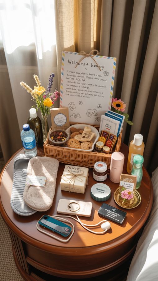 Guest Room Welcome Basket with Snacks, Drinks, Comfort Items, Toiletries, Local Touches, Reading Material, Tech Accessories, and Aromatherapy