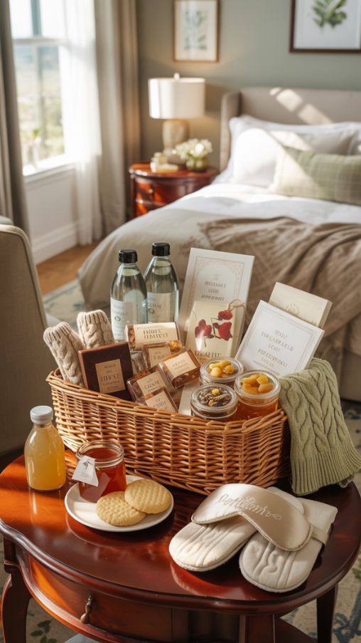 Guest Room Welcome Basket with Snacks, Drinks, Comfort Items, Toiletries, Local Touches, Reading Material, and Tech Accessories