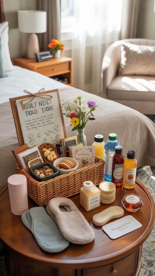 Guest Room Welcome Basket with Snacks, Drinks, Comfort Items, Toiletries, and Local Touches