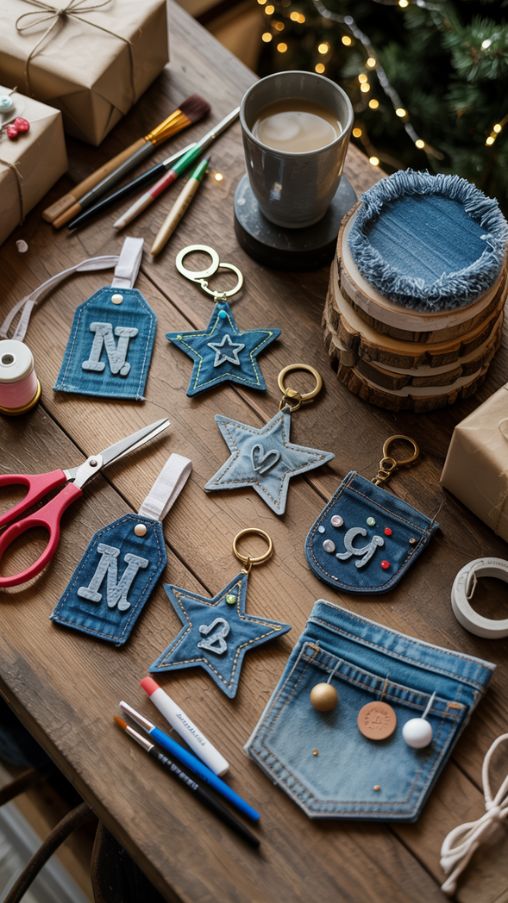 Handmade small gifts from upcycled denim including gift tags, keychains, pouches, and coasters on a rustic crafting table