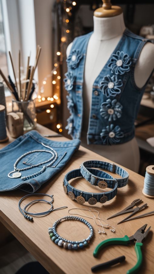 Handmade upcycled denim jewelry and wearables including bracelets, earrings, and a flower-embellished vest on a crafting table