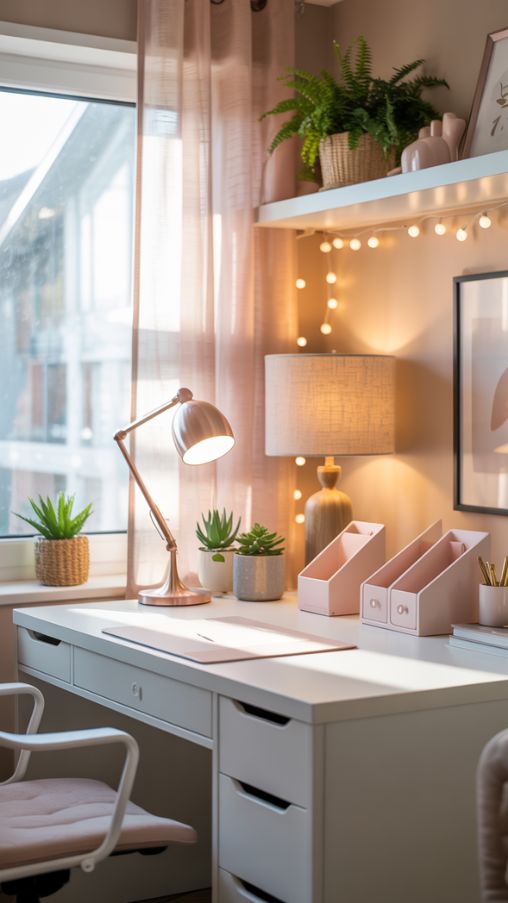 Home Office Ideas for Women with Layered Lighting and Indoor Plants