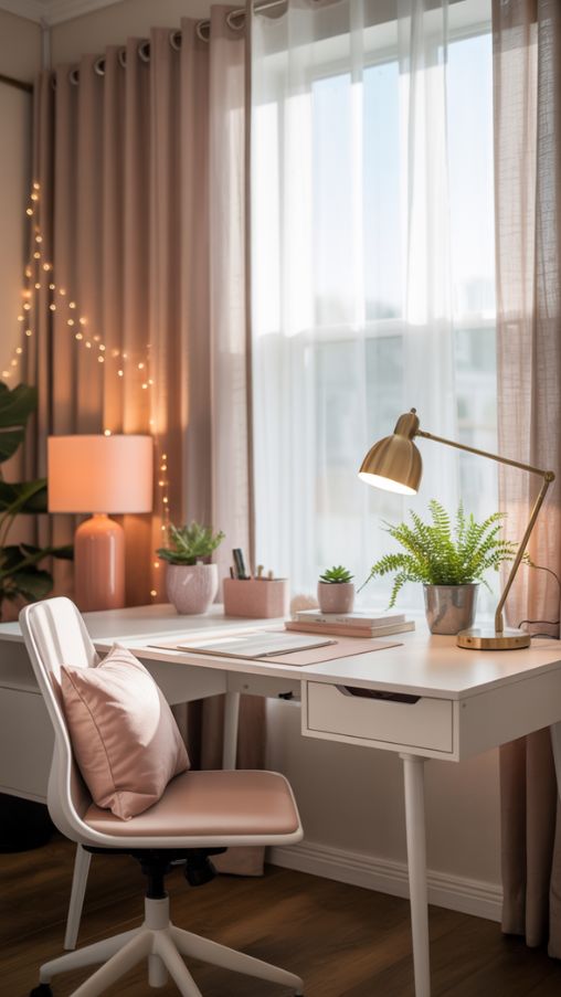 Home Office Ideas for Women with Layered Lighting and Indoor Plants