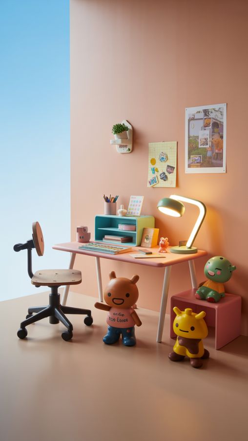 Photorealistic Toca Boca office desk and workspace, playful and colorful setup inspired by Toca Life World, small pastel desk with quirky stationery, adjustable swivel chair near a sunlit window, tiny decorative plant and wall poster, neon desk lamp providing soft glow, fun figurines and interactive elements, mixed textures and vibrant colors, realistic textures, bright natural lighting, high-resolution, capturing a lively and imaginative desk area for kids and creative role-playAlt Text for Image:
Photorealistic Toca Boca office desk with pastel desk, quirky stationery, swivel chair, decorative plant, poster, neon lamp, and playful figurines, creating a colorful and imaginative workspace