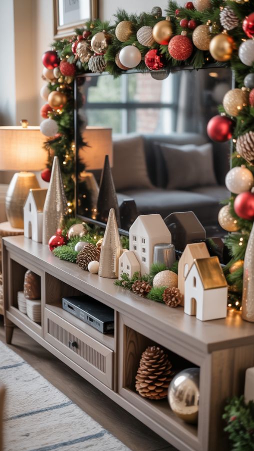 Incorporating Color Schemes and Textures TV Stand Christmas Decor Ideas