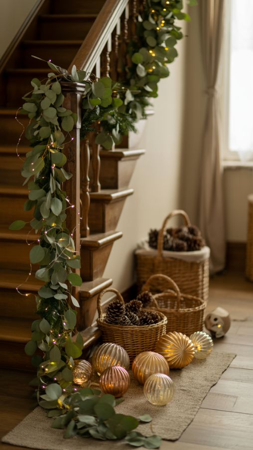 A cozy hallway decorated for Christmas with eucalyptus garlands, pinecones, recycled ornaments, and LED fairy lights in earthy tones for a natural, sustainable holiday look.