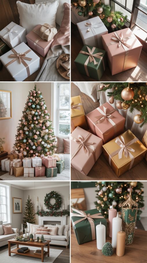 Create a festive living room showcasing a thoughtfully chosen holiday color palette. Include a Christmas tree decorated with ornaments in soft whites, icy blues, metallic golds, blush pink, and deep green. Surround the tree with wrapped presents in matching colors, and place garlands, candles, and table accents around the room in complementary shades. Highlight textures like velvet pillows, satin ribbons, and polished wood surfaces. Natural sunlight streams through windows, reflecting off metallic decorations and creating a cozy yet elegant atmosphere. The composition should feel harmonious, visually balanced, and evoke joy, warmth, and the magic of a personalized Christmas color scheme. Keywords/Focus: Holiday color palette ideas, festive home decor colors, elegant Christmas color combinations Alt Text for Image: A living room decorated for Christmas with a color palette of icy blue, blush pink, metallic gold, and deep green, featuring a tree, garlands, and festive accents creating an elegant and harmonious holiday scene. Image Title: Choosing the Perfect Color Palette for Your Holiday Home