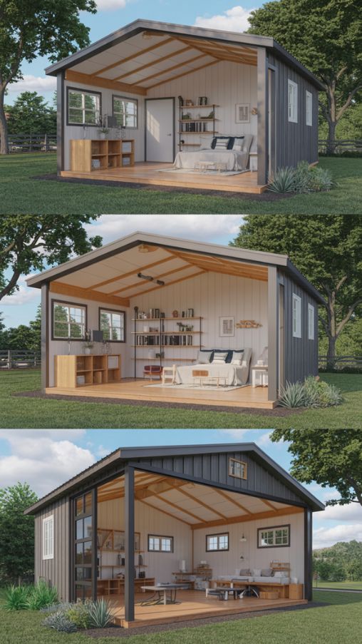 Interior and exterior of a small customizable Barndominium with loft, wraparound porch, tailored garage, and multifunctional spaces reflecting personal style.