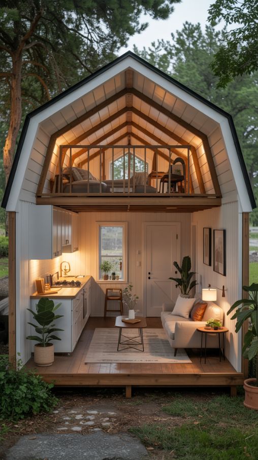 Interior and exterior views of a small Barndominium with open floor plan, vaulted ceilings, modern farmhouse décor, and cozy compact living space.