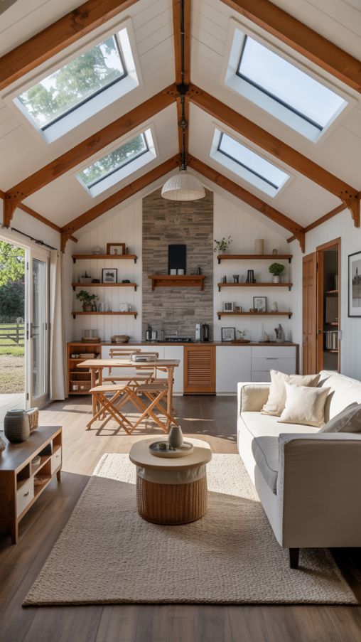 Interior of a one-story small Barndominium with modern minimalist and rustic design elements, large windows, flexible furniture, and airy, spacious layout.