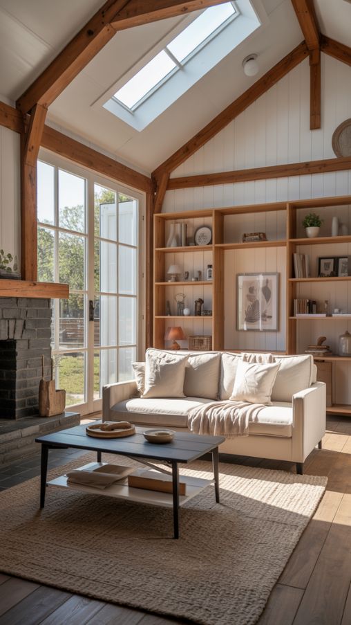 Interior of a one-story small Barndominium with modern minimalist and rustic design elements, large windows, flexible furniture, and airy, spacious layout.