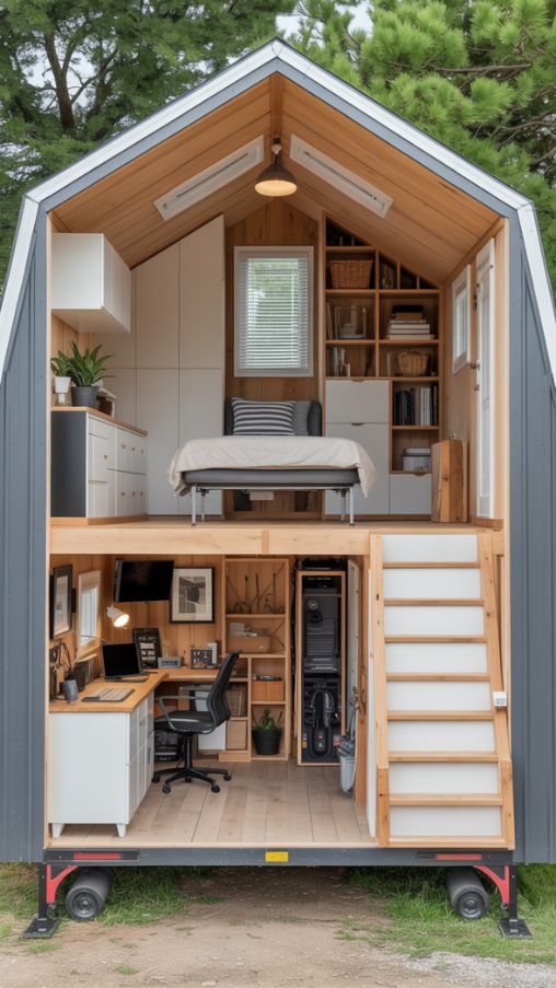 Interior of a small Barndominium featuring built-in storage, under-stair cabinets, multifunctional furniture, loft office, and a garage workshop for versatile small-space living.