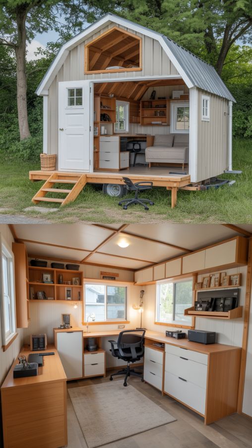 Interior of a small Barndominium featuring built-in storage, under-stair cabinets, multifunctional furniture, loft office, and a garage workshop for versatile small-space living.