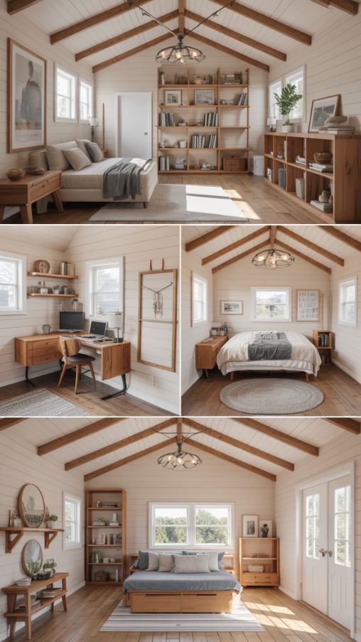 Interior of a small Barndominium showing open-concept layout, loft reading nook, multifunctional rooms, and compact ranch-style design maximizing small spaces.