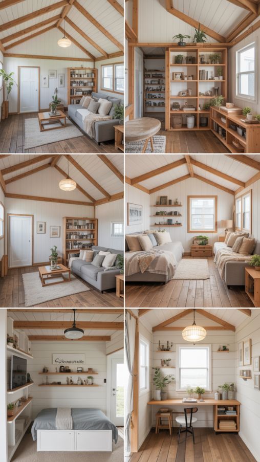 Interior of a small Barndominium showing open-concept layout, loft reading nook, multifunctional rooms, and compact ranch-style design maximizing small spaces.