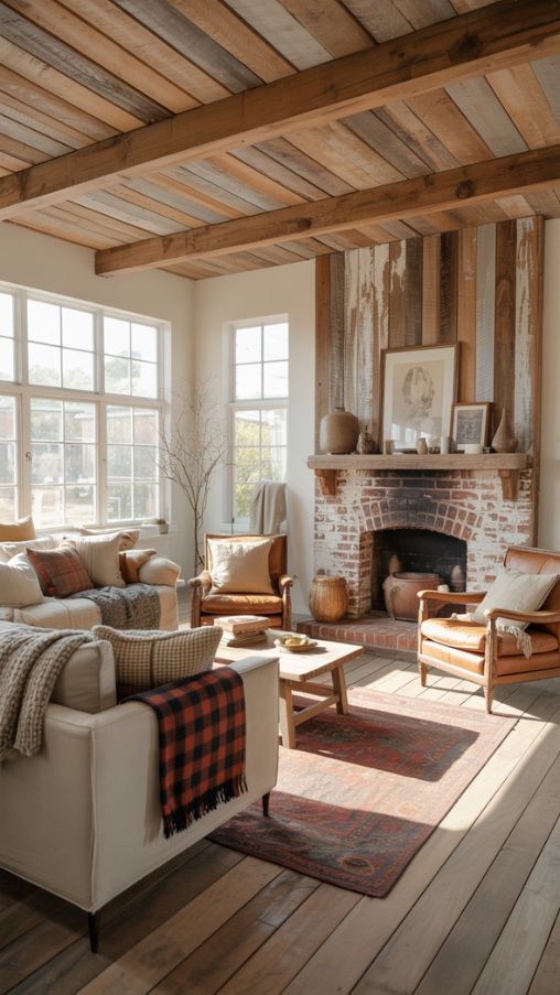 Inviting Country Farmhouse Living Room with Reclaimed Wood and Layered Textiles