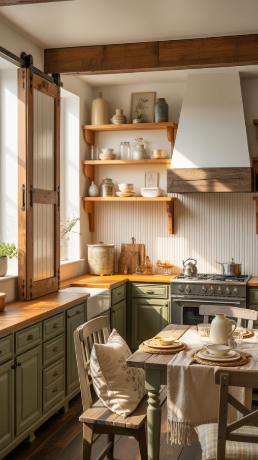 Create a photorealistic, high-resolution image of a farmhouse kitchen showcasing Country Farmhouse Decor Ideas. Include open shelving displaying pottery and china, wooden countertops, and a sliding barn door connecting to another room. Add a cozy banquet breakfast nook with layered cushions and rustic wooden seating. Feature a beadboard wall or rustic range hood to anchor the space, and mix cabinet styles or wood washes to create depth and visual interest. Highlight textures of natural wood, soft textiles, and vintage accents. Soft natural light should stream through windows, making the kitchen feel warm, inviting, and functional while preserving a classic farmhouse charm.