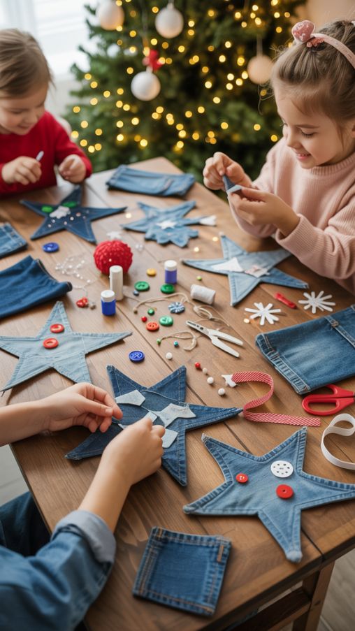 Kids making fun denim Christmas crafts with denim scraps, glue, and decorations on a festive crafting table