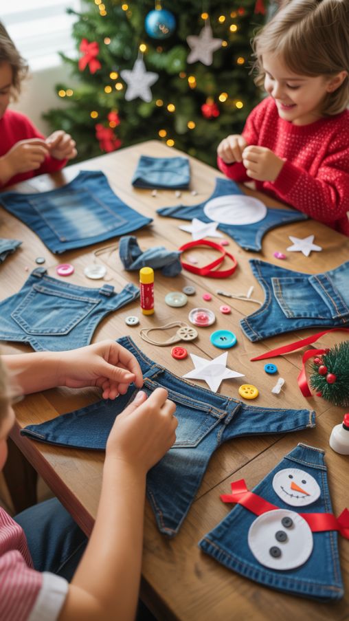 Kids making fun denim Christmas crafts with denim scraps, glue, and decorations on a festive crafting table