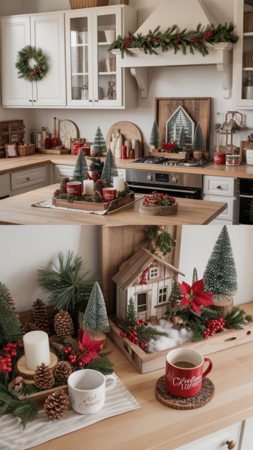 Kitchen Counter Christmas Decor Ideas with Countertop Vignettes and Natural Holiday Accents