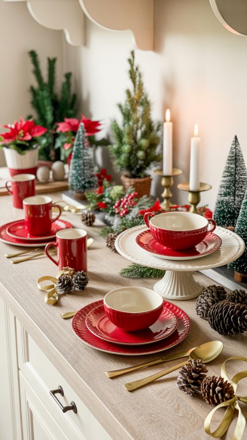 Kitchen Counter Christmas Decor Ideas with Everyday Dishware and Festive Accents