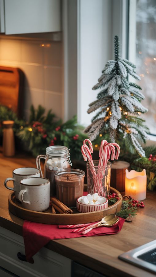 Kitchen Counter Christmas Decor Ideas with Hot Cocoa Station and Festive Accents