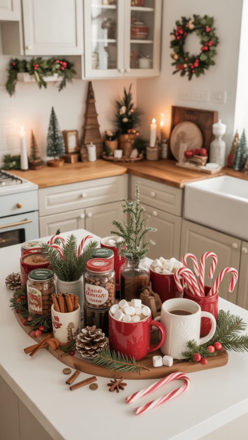 Kitchen Counter Christmas Decor Ideas with Hot Cocoa Station and Festive Accents